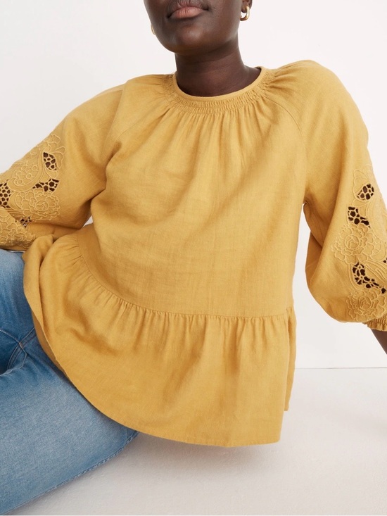 Madewell Tops - Madewell Eyelet Pepplum Women's Mustard Peasant Blouse Size XS